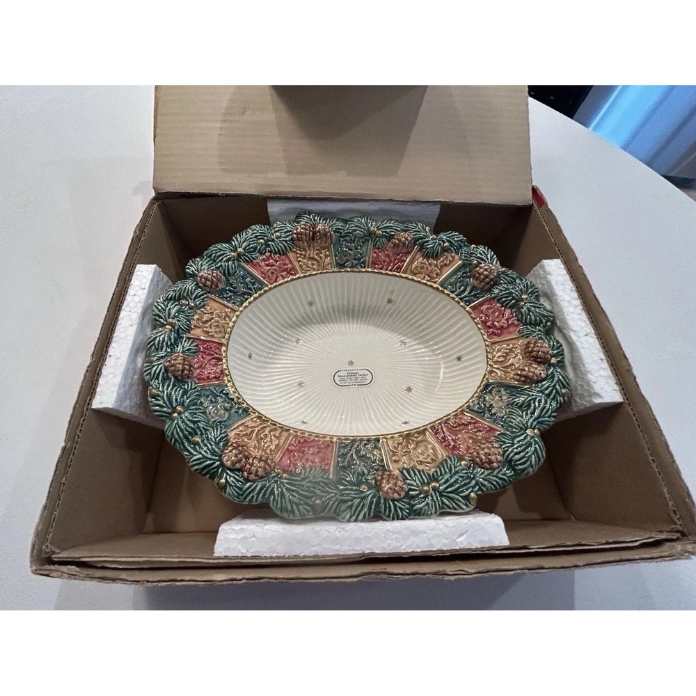Vtg Fitz and Floyd Damask Christmas Pinecone Serving Bowl New Old Stock Box
